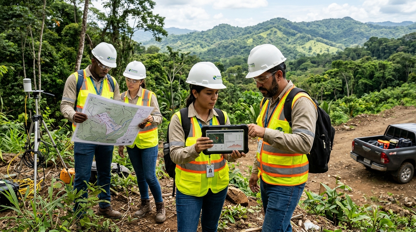 Equipo multidisciplinario de consultores ambientales revisando planos y monitoreo continuo en proyecto en Panamá