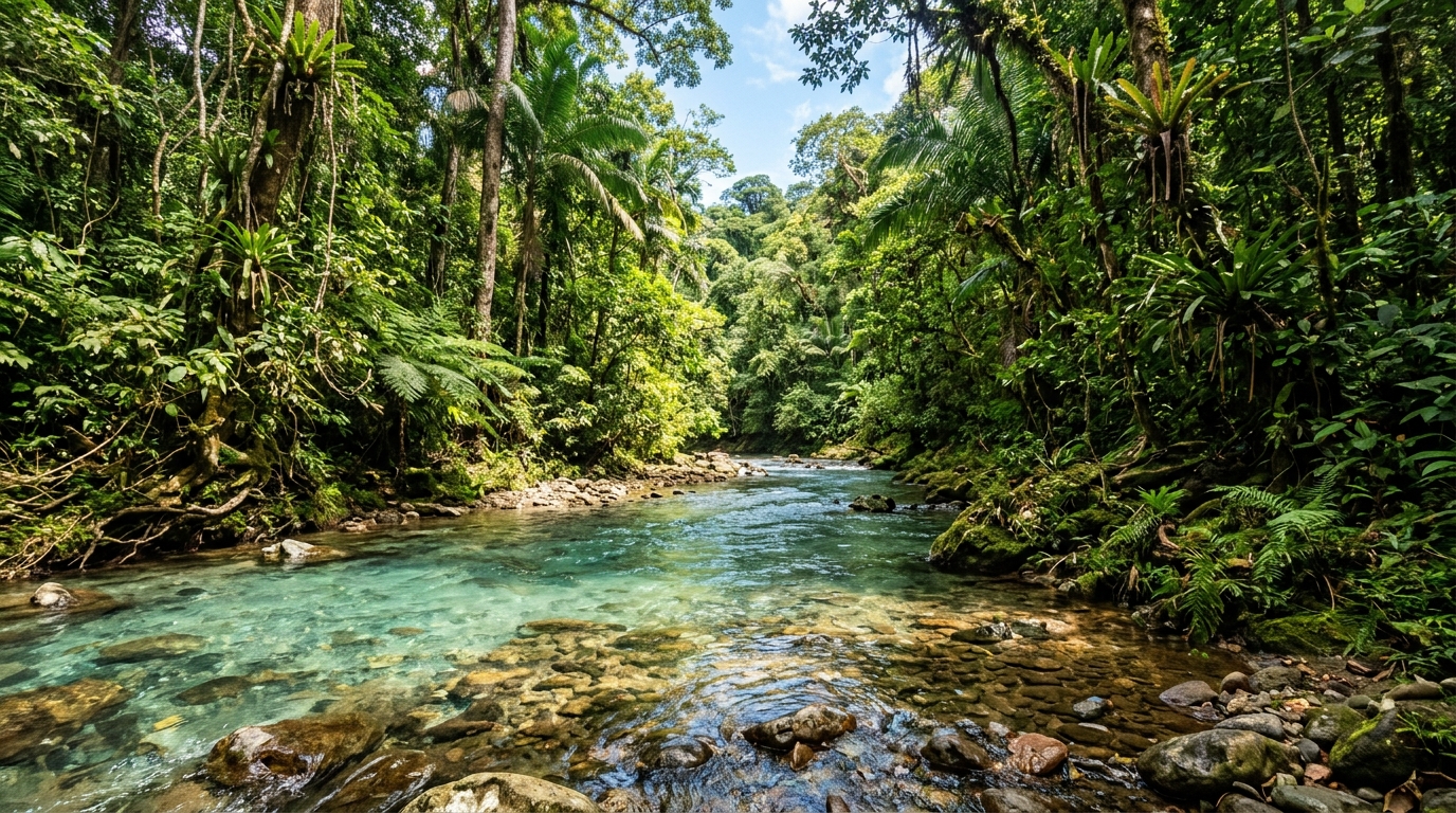 Río cristalino rodeado de selva tropical en Panamá representando conservación ambiental